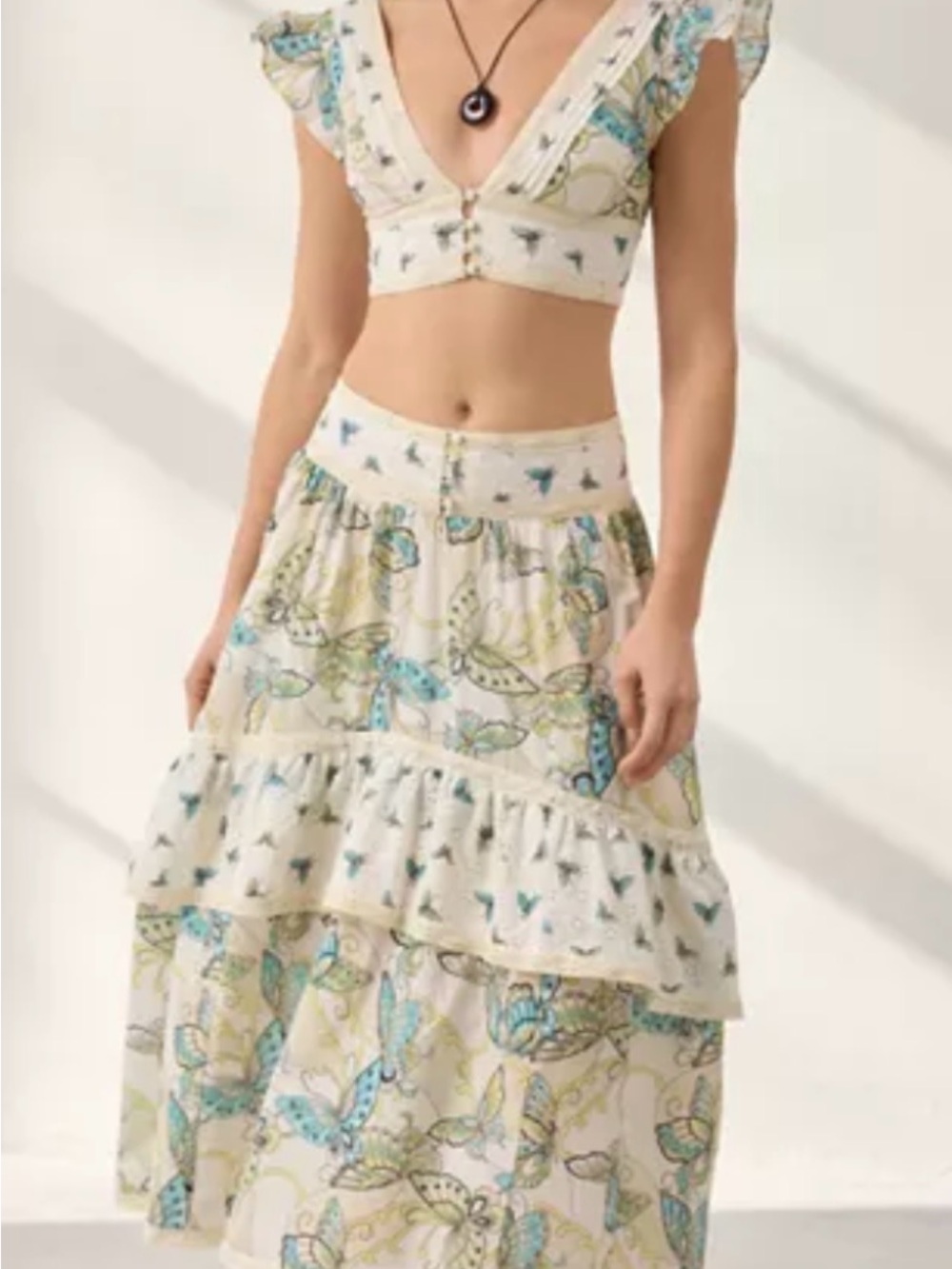Urban Outfitters Cream Butterfly Tiered Skirt Set - Blue & Green